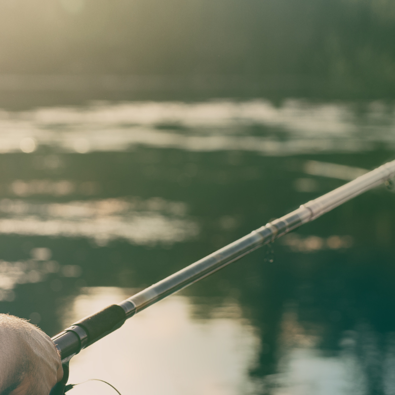 fishing rod close up with a man fishing into a river with the sunrise in front of him.