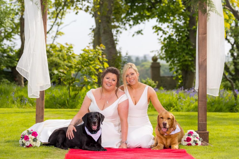 Lesbian wedding couple in white dresses with two dogs on a red carpet and wedding arch above.