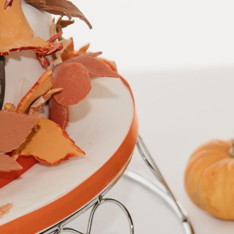 Autumn Wedding Cake covered in sweet fall coloured leaves